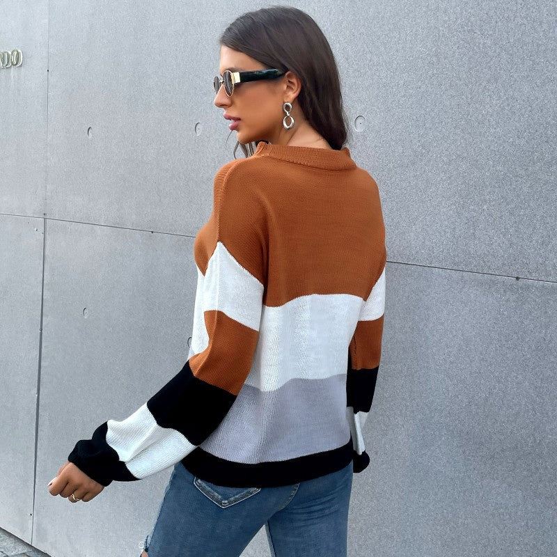 Women Color Block Fine Knit Sweater with Round Neck and Casual Fit Chichicherry