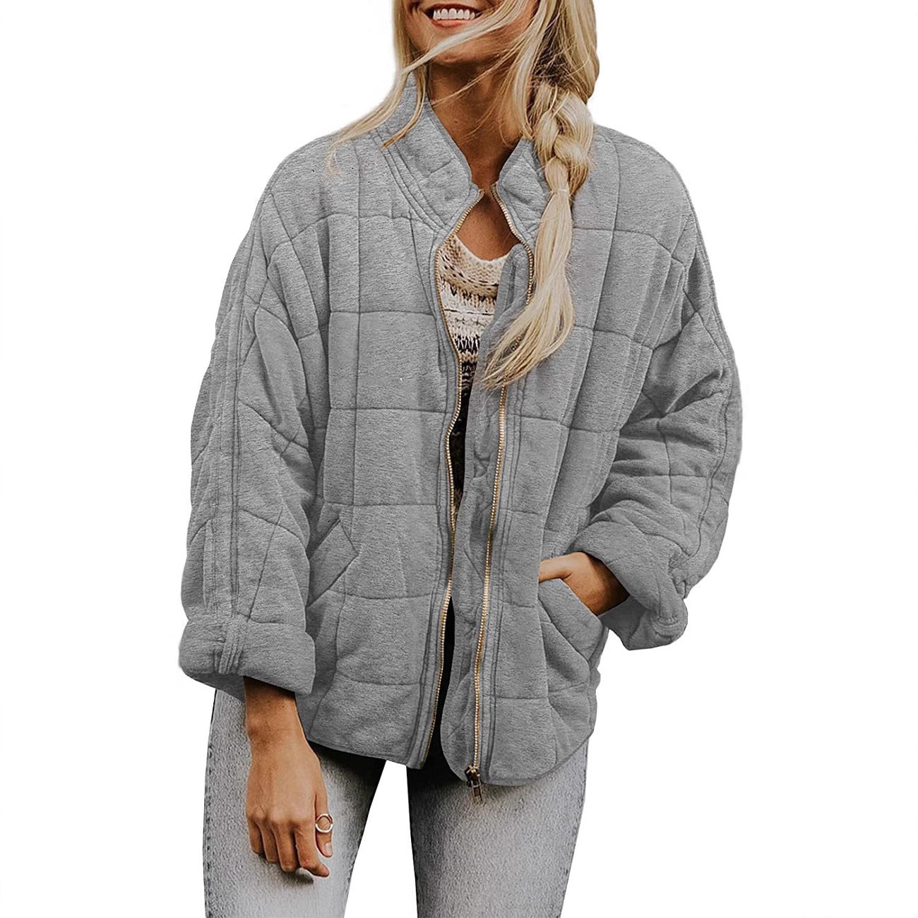 Women's Oversize Quilted Jacket with Zipper and Side Pockets Chichicherry