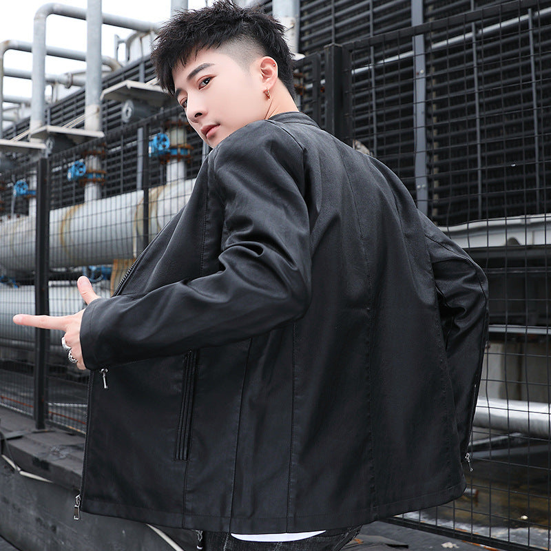 Men's Slim Faux Leather Moto Blouson with Stand Collar and Zipper Sleeves Chichicherry