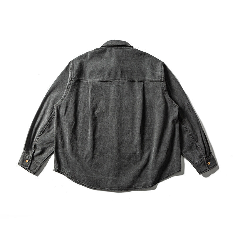 Unisex Oversized Shirt Jacket with Embroidered Leaf Motifs and Rounded Hem Chichicherry