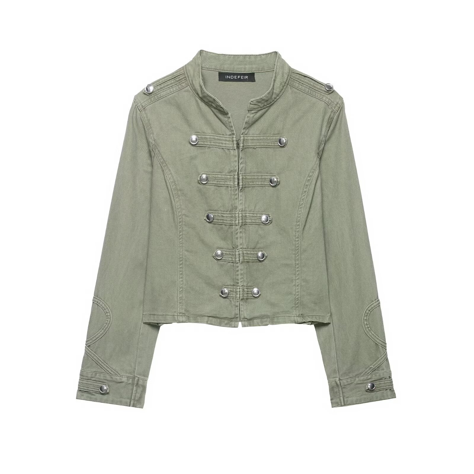 Women's short jacket in military look with stand-up collar, decorative flaps, and quilted sleeve patches Chichicherry