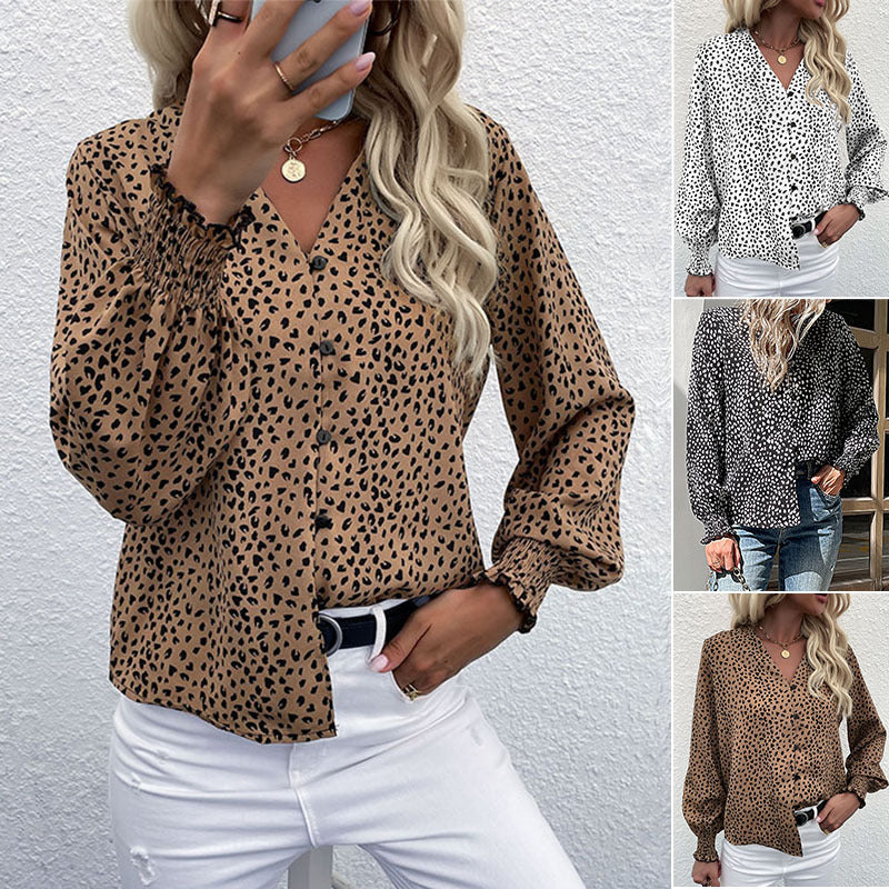 Women's lightweight blouse with V-neck, continuous button placket, and ruffled cuffs Chichicherry