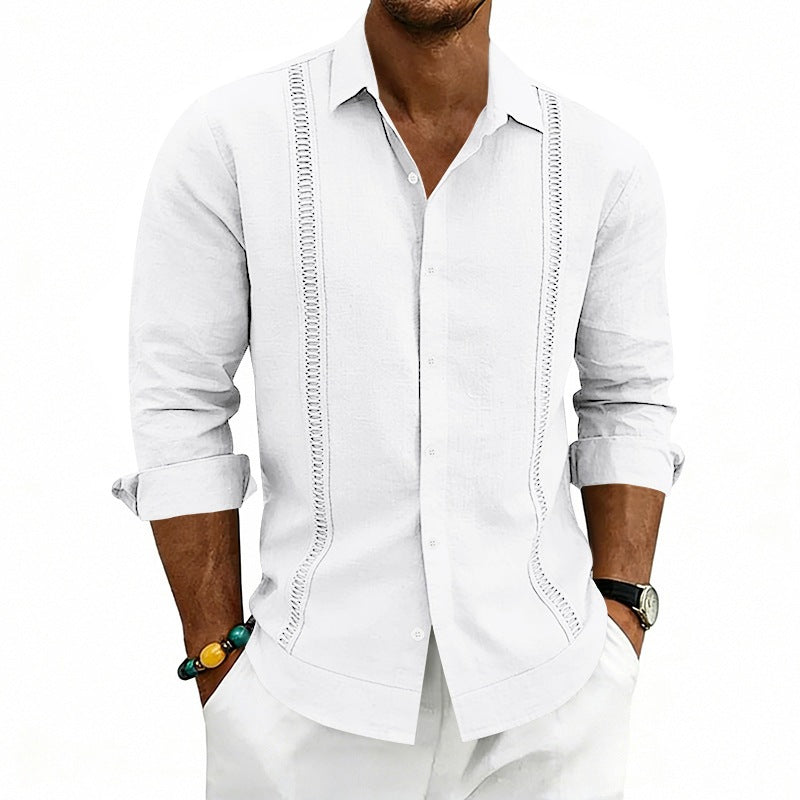 Men's Lightweight Cotton Long Sleeve Shirt with Decorative Stitches and Kent Collar Chichicherry