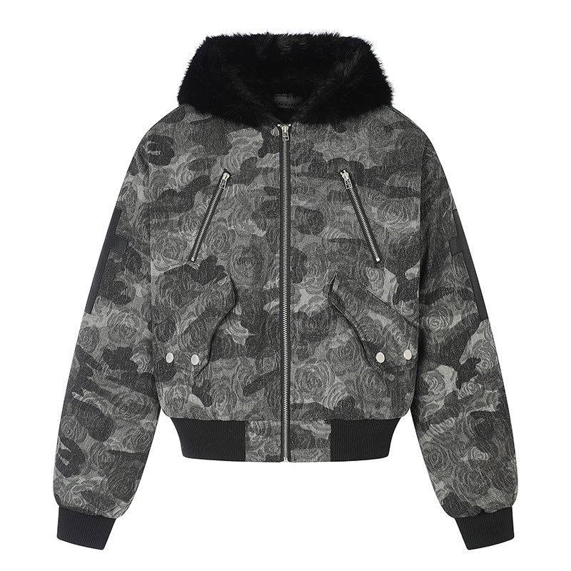 Ladies padded bomber jacket with faux fur hood, rose jacquard and zipper details Chichicherry