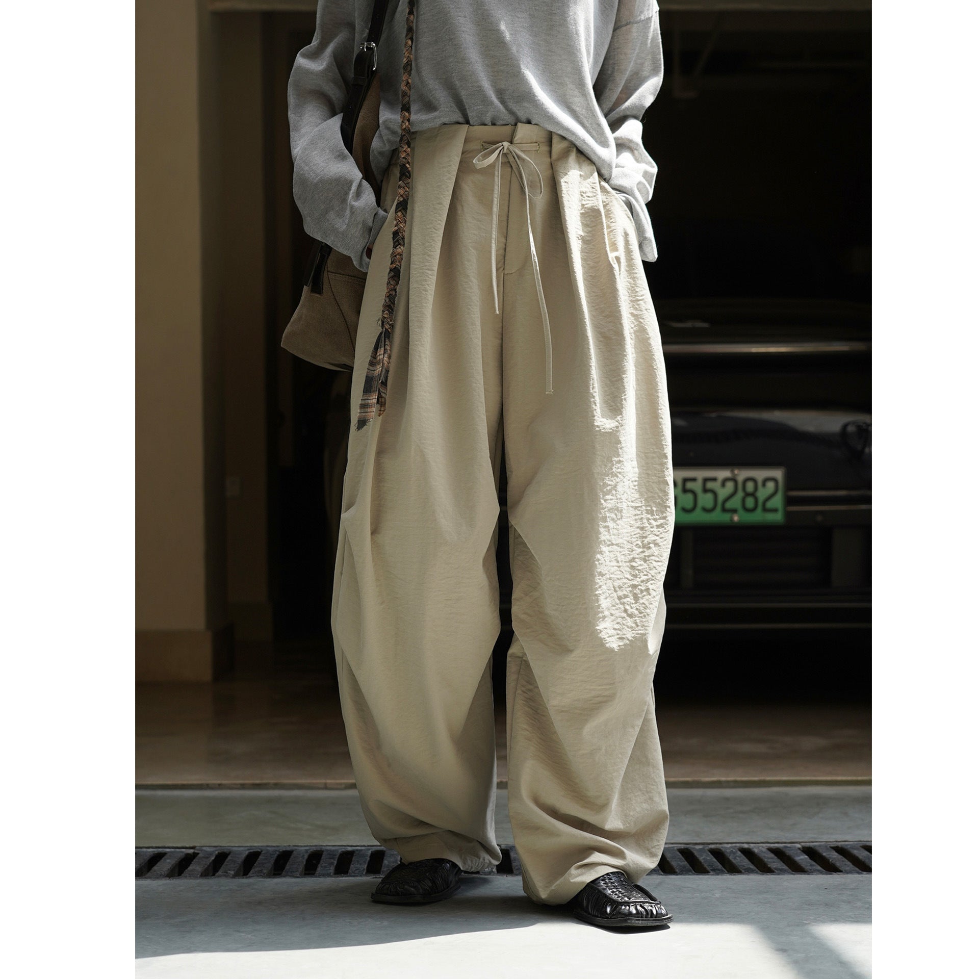 Women's Voluminous Palazzo Baggy Pants with Drawstring Waist and Draped Pleats Chichicherry
