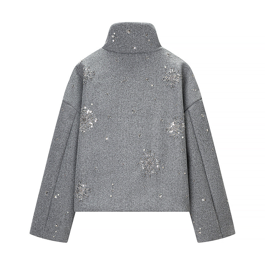 Women's short-cut wool blend coat with stand-up collar and bead sequin embroidery Chichicherry