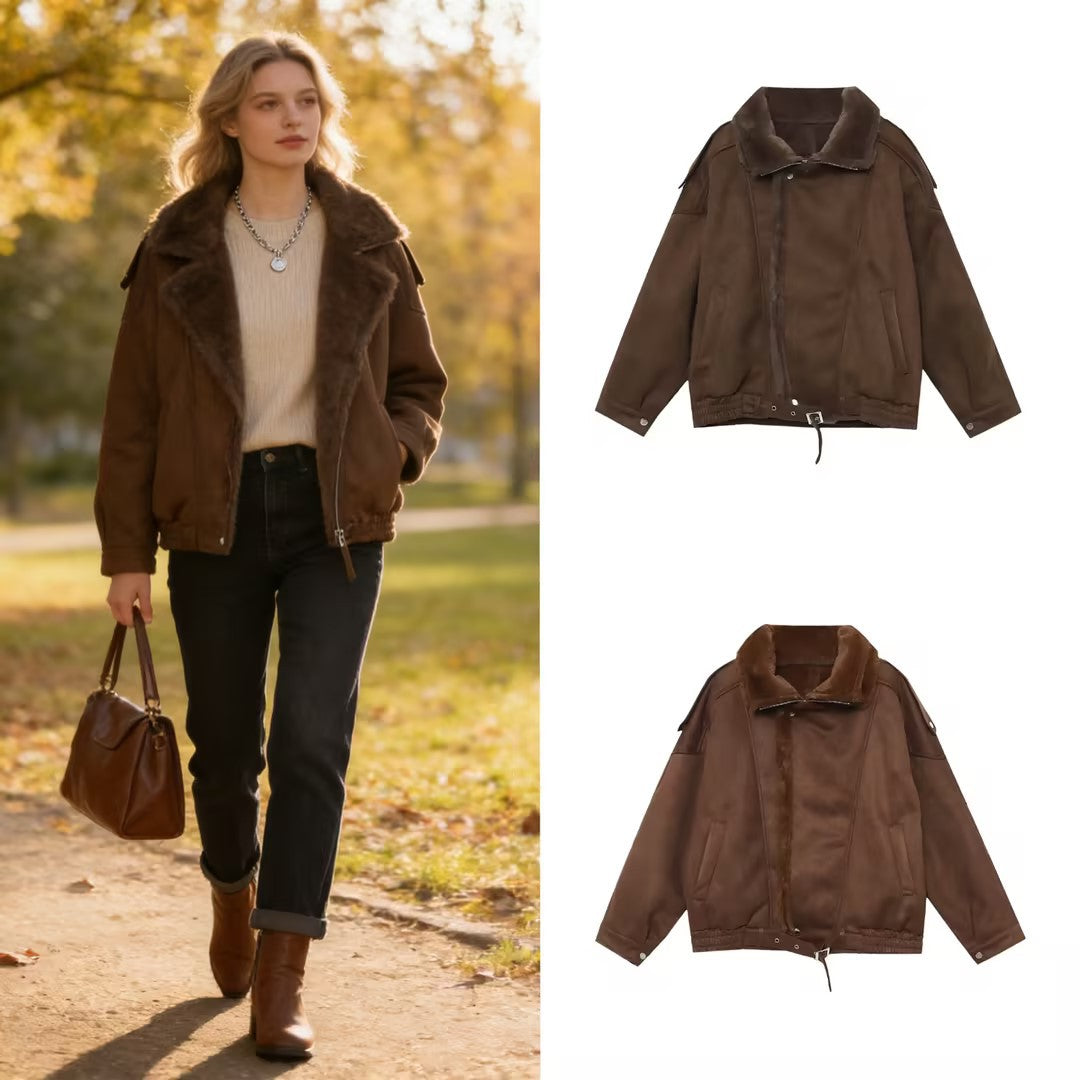 Women's Oversized Aviator Jacket with Teddy Lining, Stand Collar and Waist Belt Chichicherry