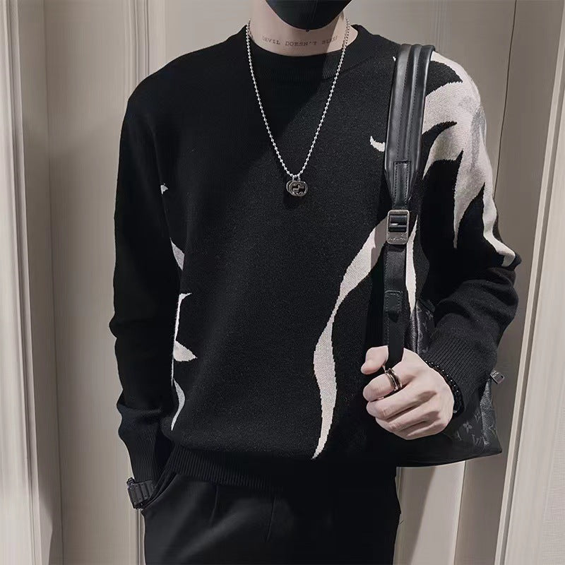 Herren Strickpullover mit abstraktem Flammen‑Jacquard und Rundhalsausschnitt Chichicherry