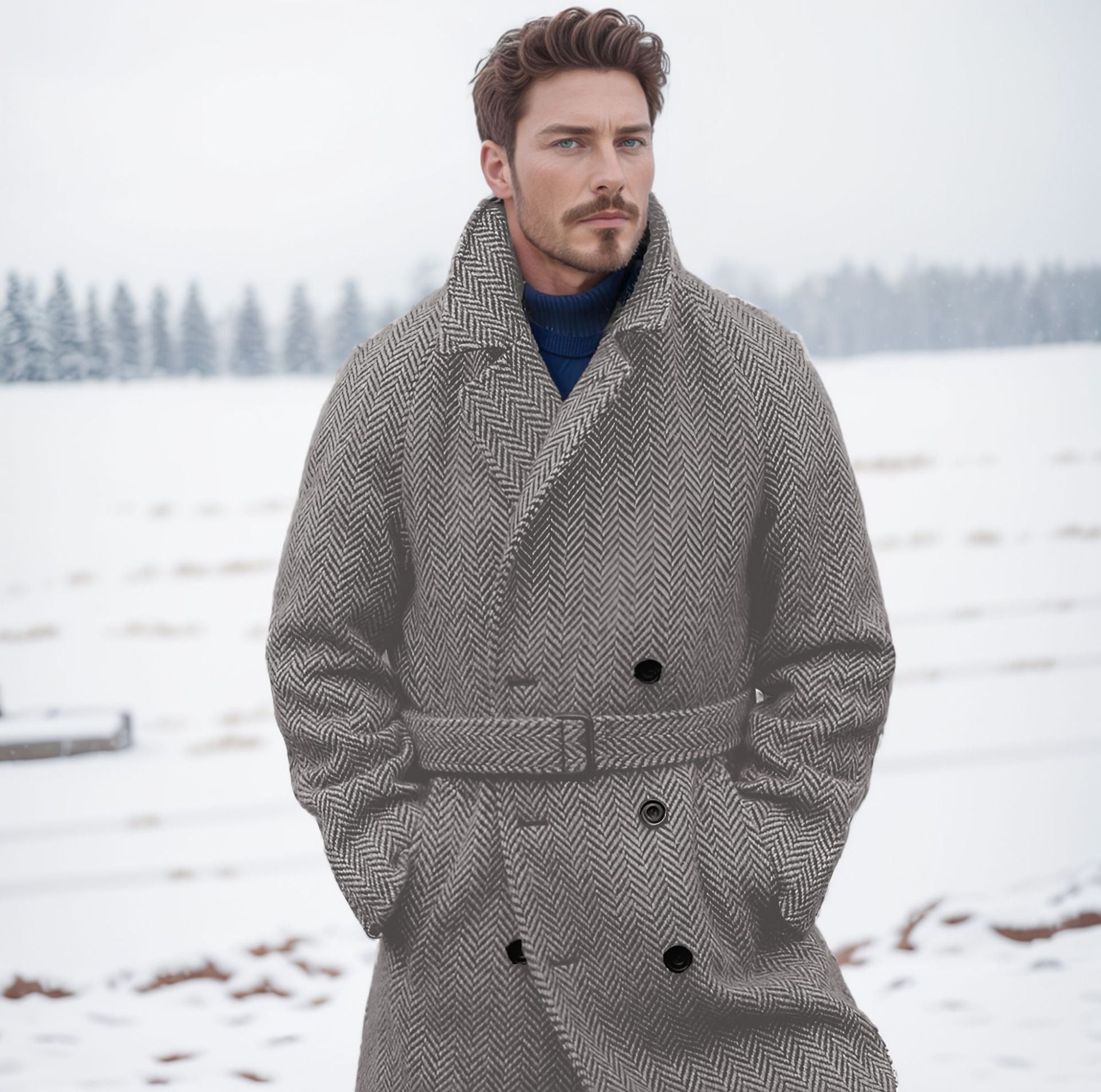 Men's Double-Breasted Wool Blend Coat with Herringbone Pattern and Waist Belt Chichicherry