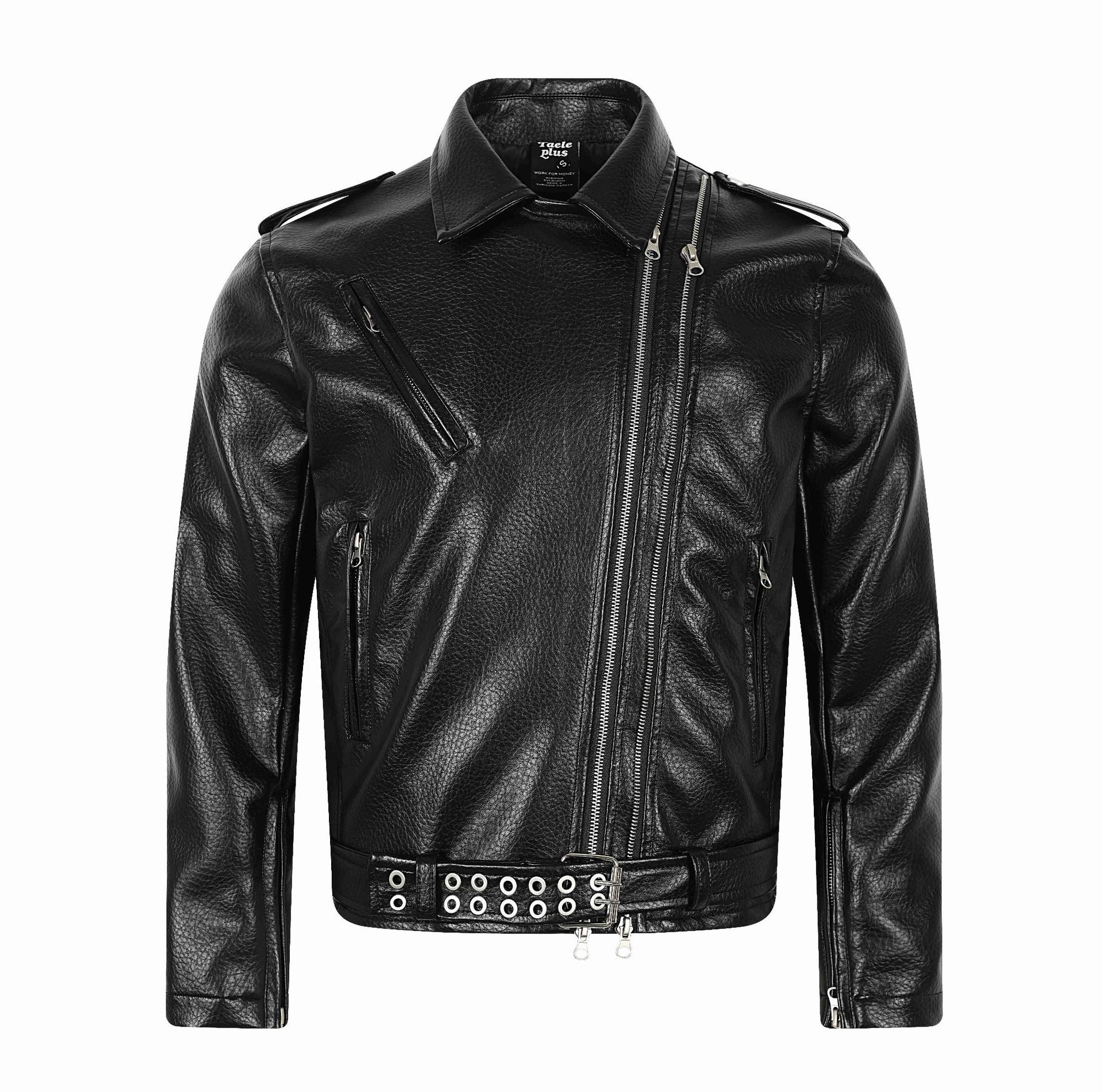 Men's Asymmetrical Biker Jacket Made of Faux Leather with Studded Hem and Multiple Zippers Chichicherry