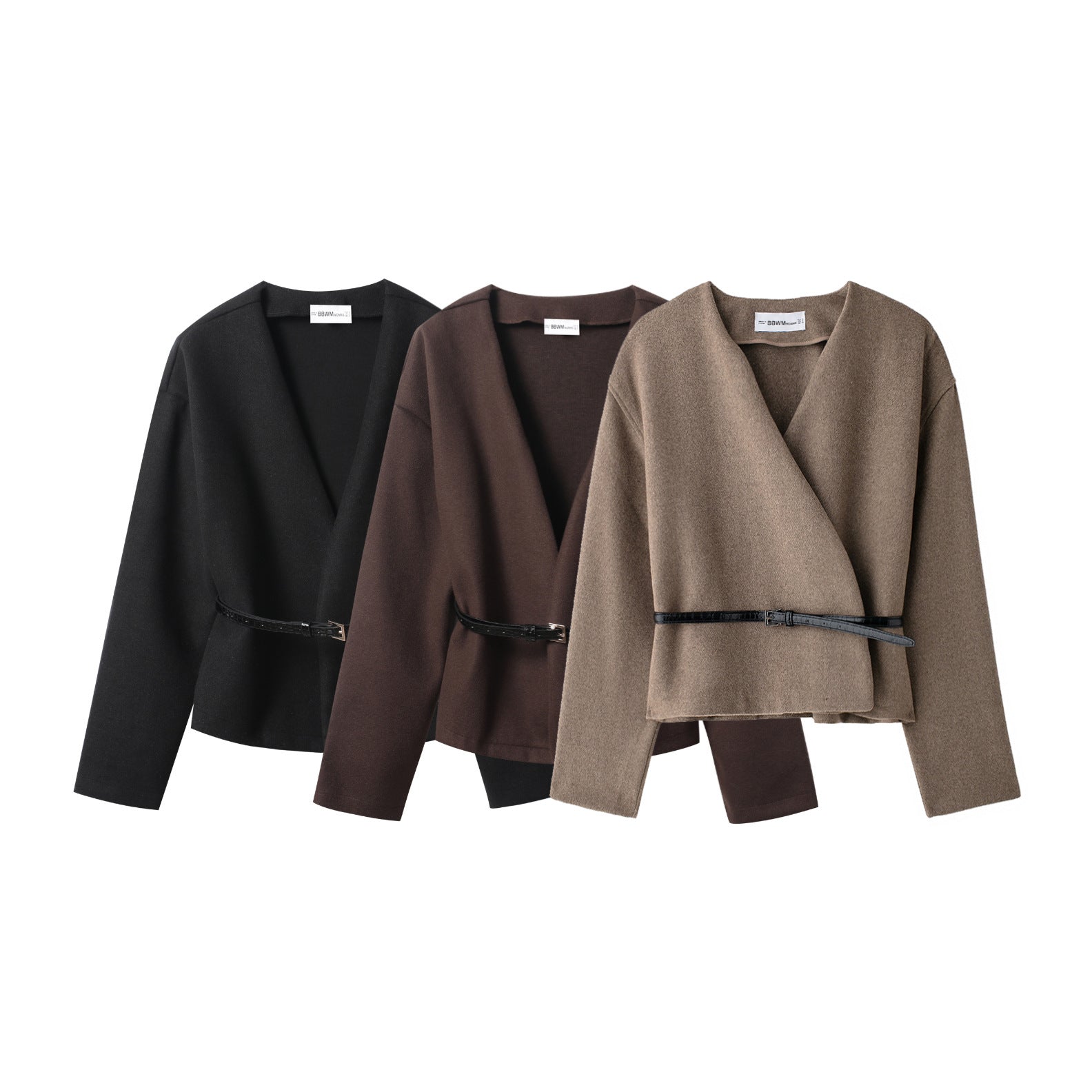 Women's short wrap coat made of wool blend with deep shawl collar and narrow waist belt Chichicherry