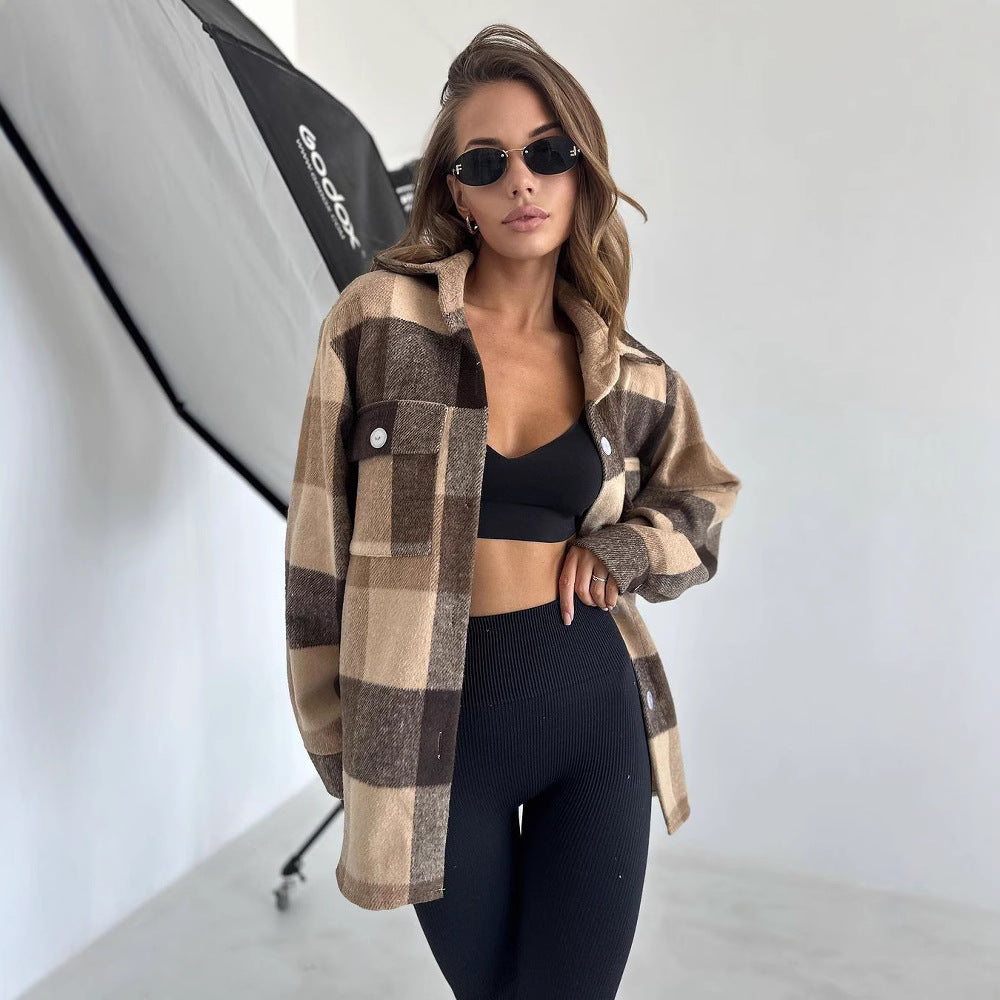 Damen Karierter Overshirt im Shacket-Stil mit Saumtaschen und Knopfverschluss Chichicherry