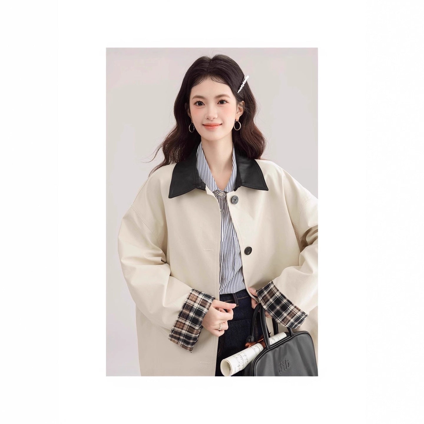 Women's Oversized Trench Coat with Contrast Collar and Check Lining Chichicherry