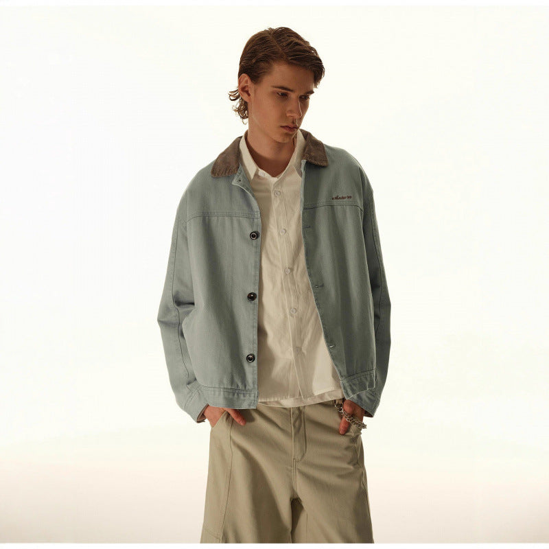 Men's Boxy Canvas Jacket with Cord Collar and Concealed Button Placket Chichicherry