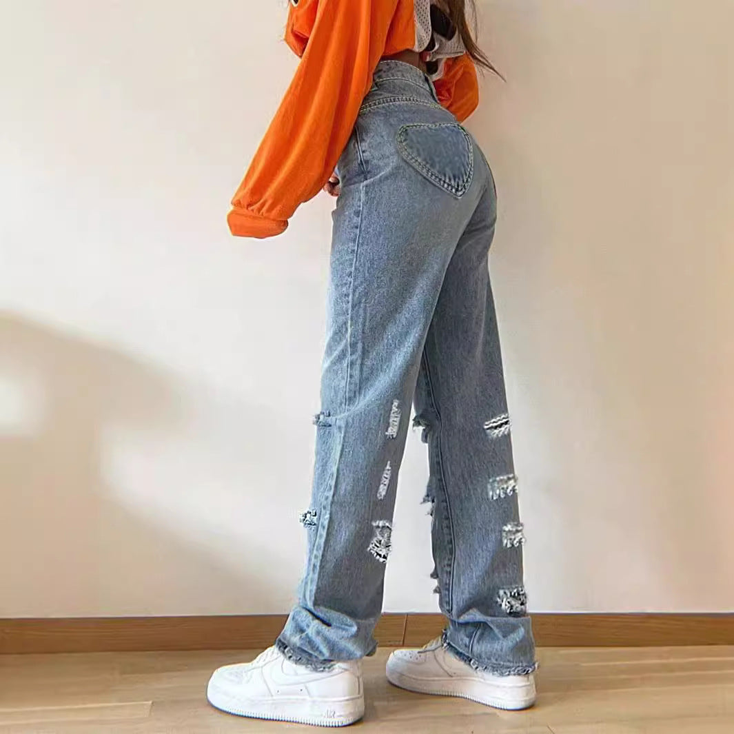 Women's High-Waisted Baggy Jeans in Vintage Ripped Design with Wide Leg and Frayed Hem Chichicherry