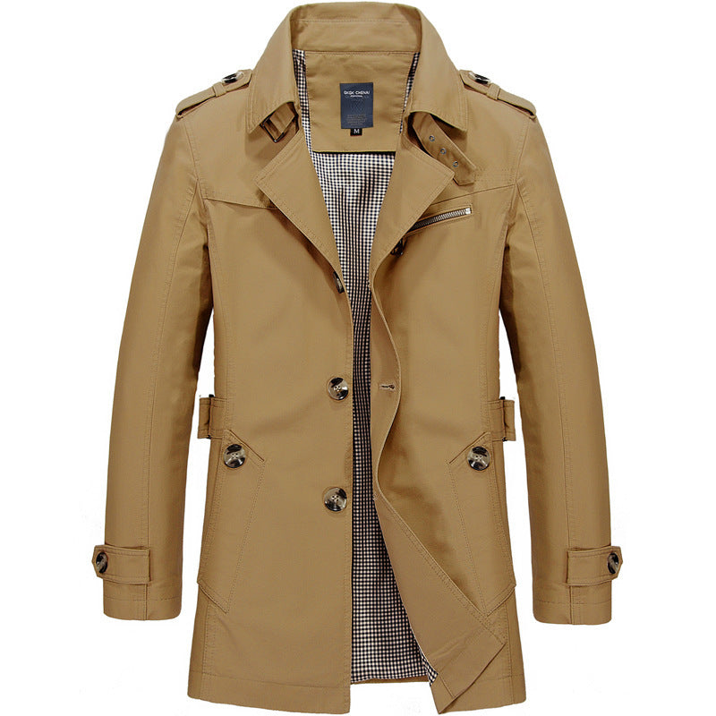 Men's Short Double-Breasted Trench Coat with Lapel Collar, Epaulets and Checked Lining Chichicherry