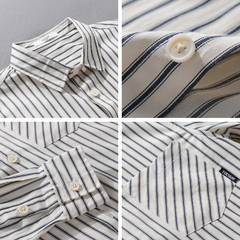 Men's pinstripe long sleeve shirt jacket in overshirt style made of lightweight cotton blend with diagonal breast pocket Chichicherry