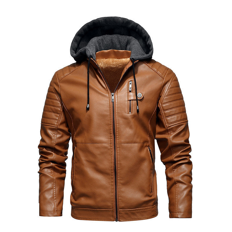 Men's Faux Leather Hoodie Blouson with Teddy Lining, Quilted Sleeve Yoke and Hood Layer Chichicherry
