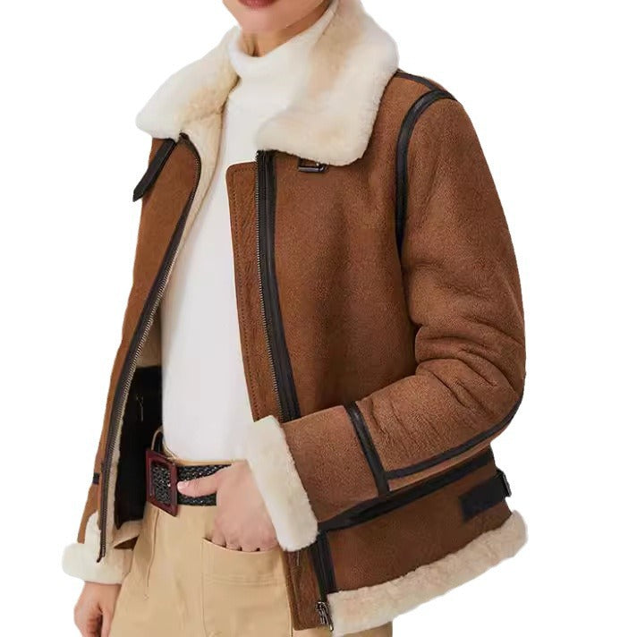 Women Short Cut Aviator Sheepskin Imitation Jacket with Teddy Lining and Faux Leather Trim Chichicherry