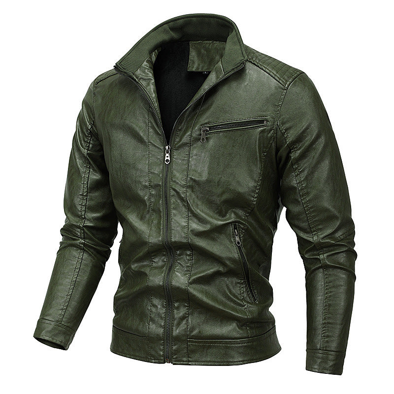 Men's faux leather moto jacket with stand-up collar, distinctive quilted design, and zip pockets Chichicherry