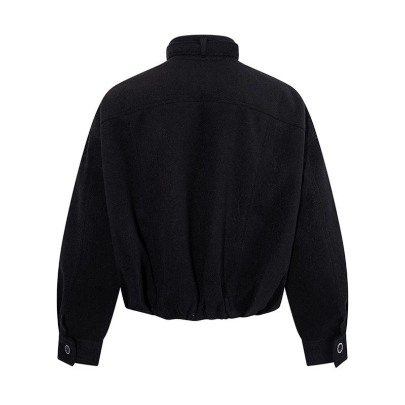Women's short wool bomber jacket with high stand collar, waist belt and concealed zipper Chichicherry