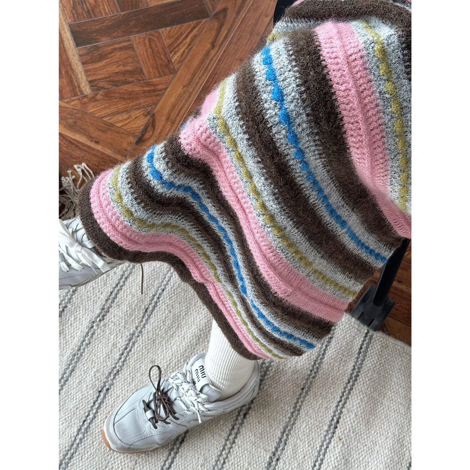 Women Striped Maxi Knit Skirt with High Waist and Fine Rib Structure Chichicherry