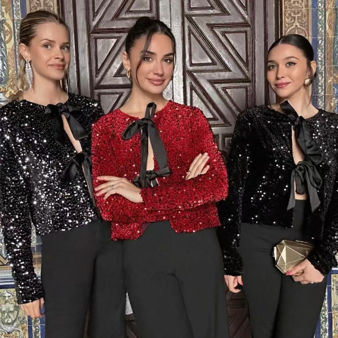 Women Sequin Bolero Jacket with Decorative Satin Bows Chichicherry