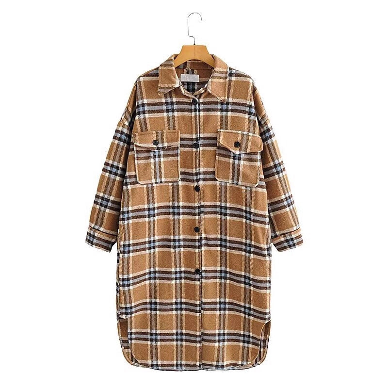 Women's Oversize Check Shirt Jacket in Longline Cut with Patch Chest Pockets Chichicherry
