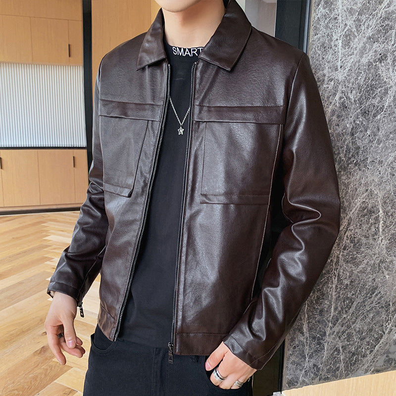 Men's minimalist artificial leather zip jacket with shirt collar and flap pockets Chichicherry