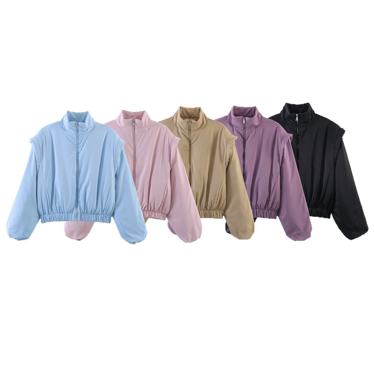 Women's Padded Cropped Jacket with Stand Collar, Drawstring Hem and Dropped Shoulder Details Chichicherry