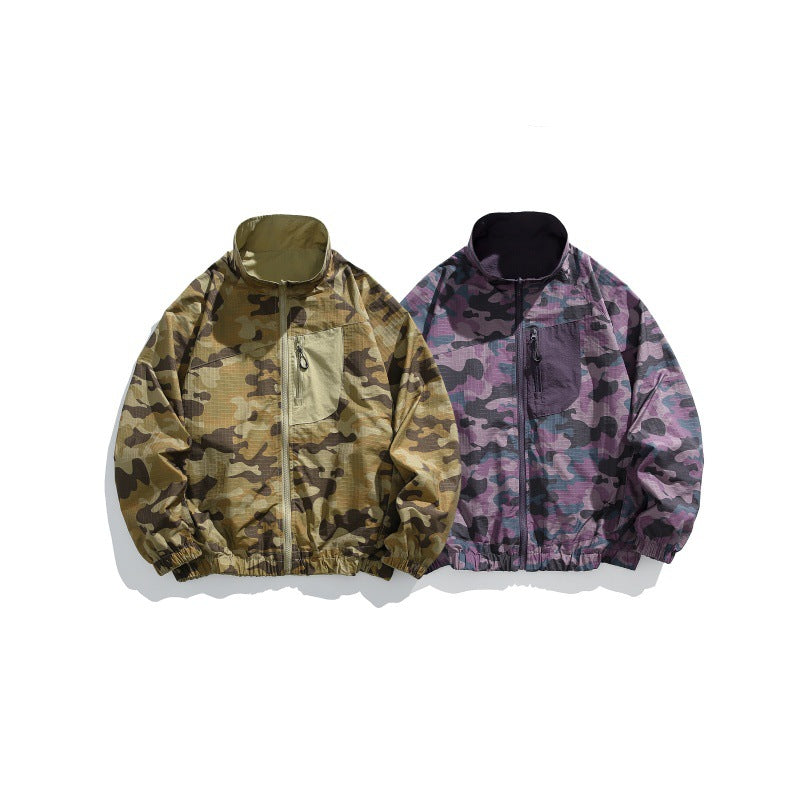 Unisex Lightweight Camo Windbreaker with High Stand Collar, Chest Zip and Elastic Hem Chichicherry