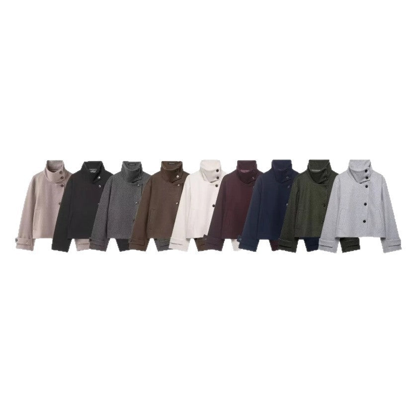 Women's Cropped Wool Blend Short Jacket with High Stand Collar, Asymmetric Button Placket and Cuffed Sleeves Chichicherry