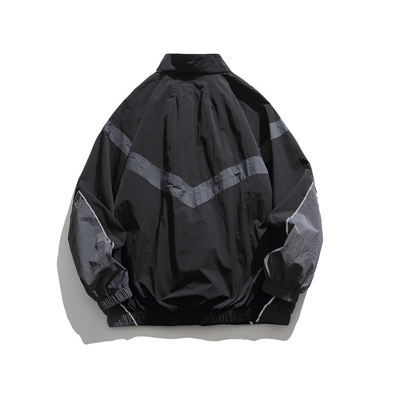 Men's Lightweight Oversize Windbreaker Jacket with Chevron Panels, Stand Collar and Elastic Hem Chichicherry