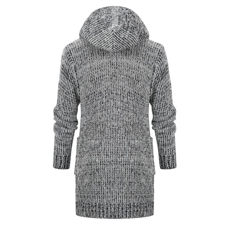 Women's Long Hooded Knit Cardigan with Deep Ribbed Texture and Patch Pockets Chichicherry