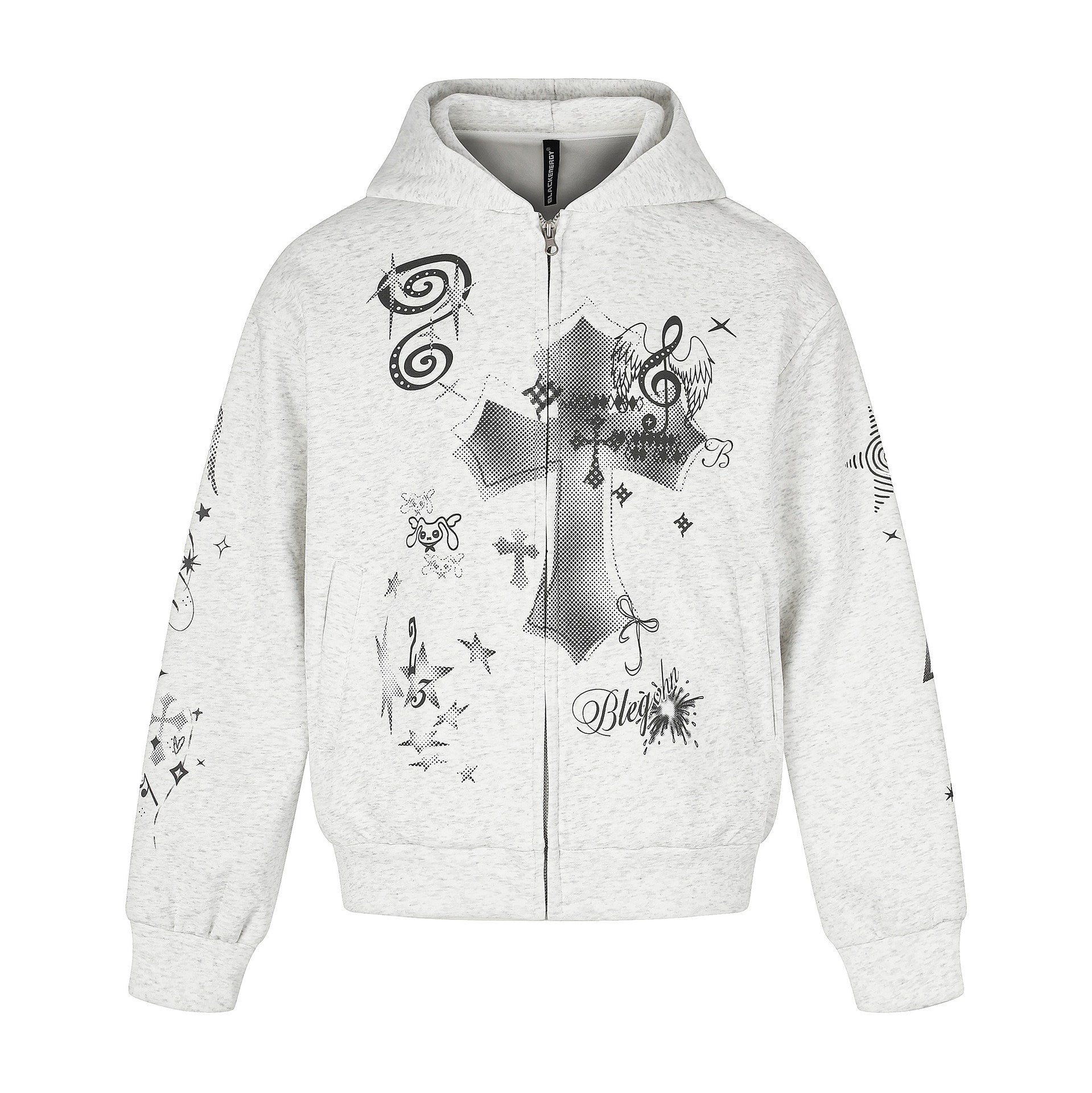 Unisex Printed Hooded Zip Jacket in Casual Boxy Cut with Full Zip Chichicherry