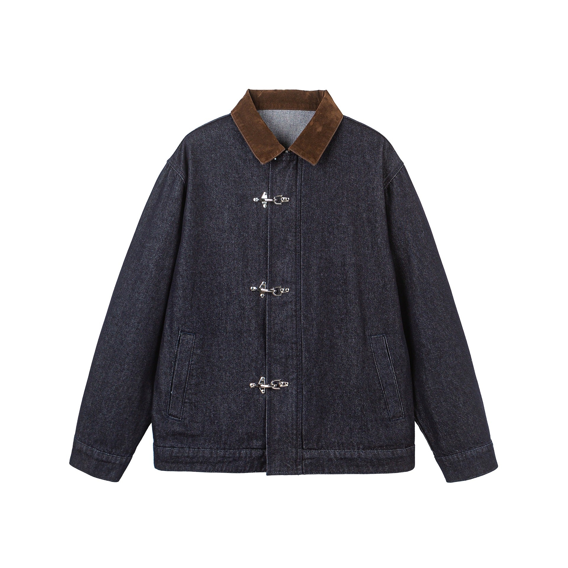 Unisex Boxy Denim Jacket with Velour Collar and Distinctive Carabiner Closures Chichicherry