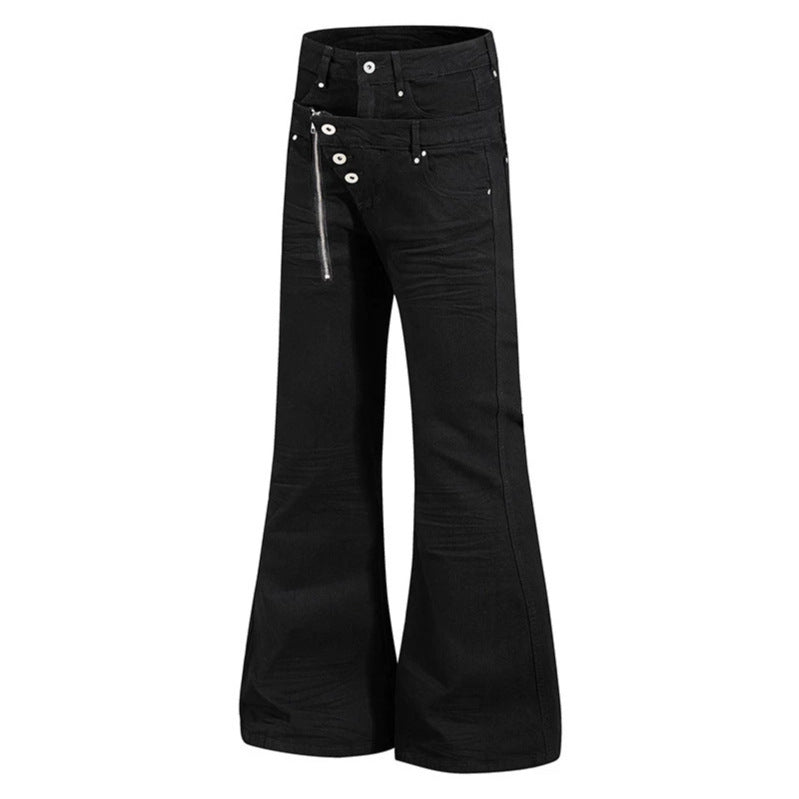 Women's Wide Flared Jeans with Asymmetrical Zipper and Button Closure Chichicherry