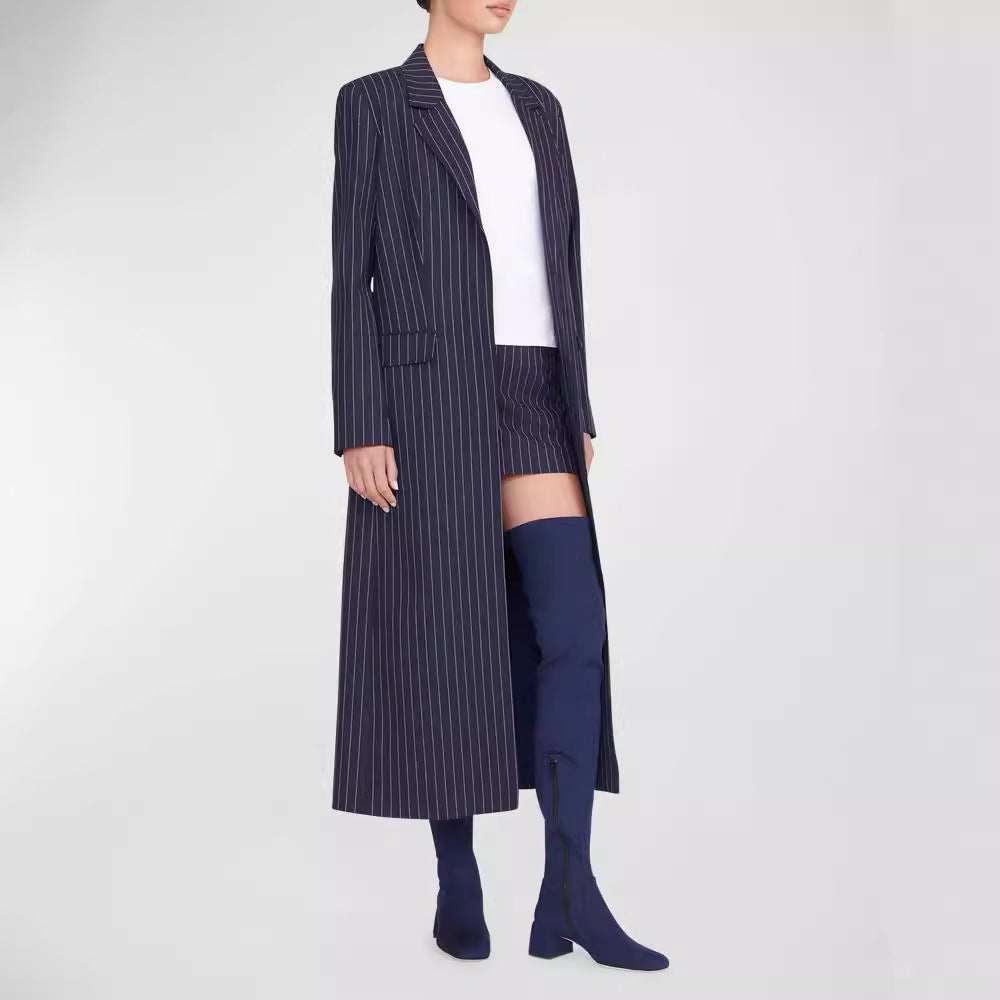 Women's Oversize Longline Coat in Pinstripe Look with Slit and Flap Pockets Chichicherry