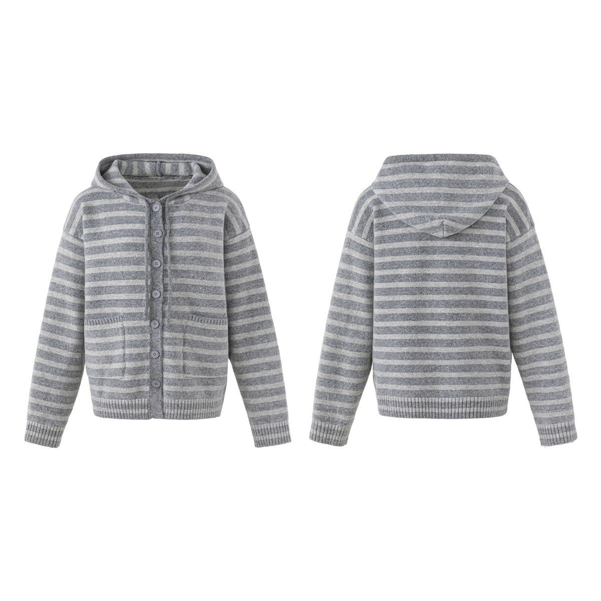 Women's Striped Cardigan with Hood, Full Button Placket and Patch Pockets Chichicherry