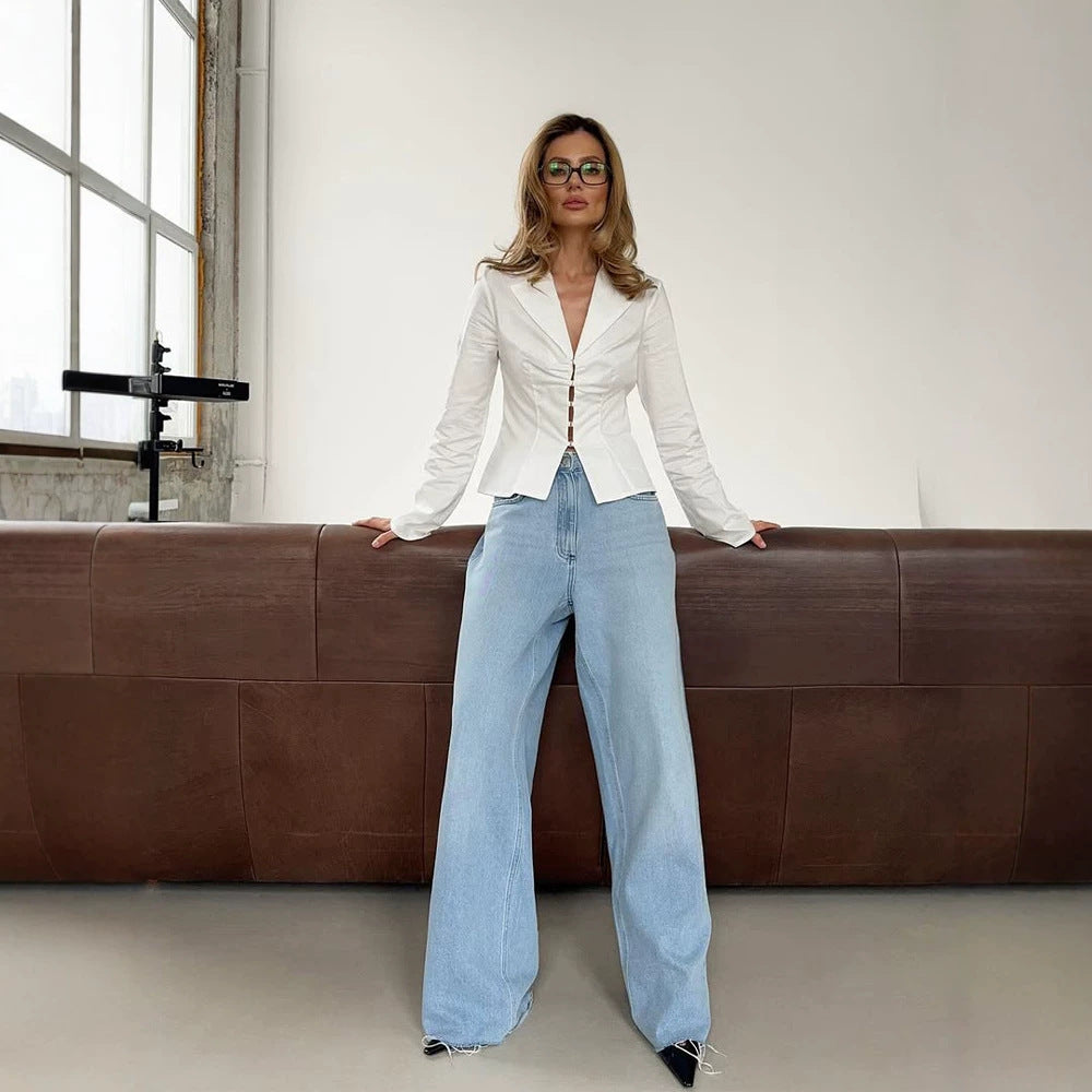 Women's Tailored Poplin Shirt Blouse with Corset Seams & Hook Front Chichicherry