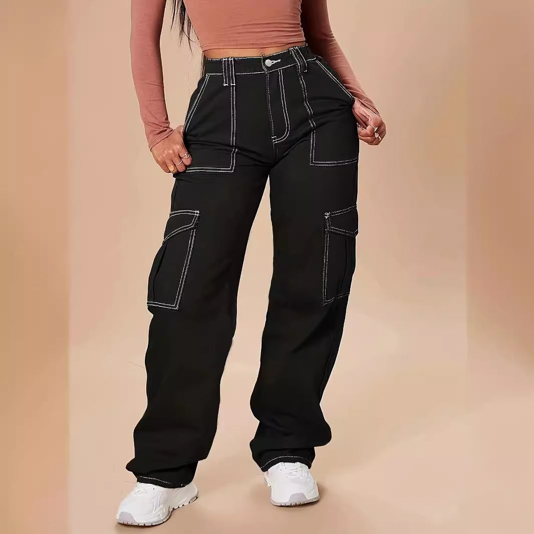 Women's utility cargo pants with wide leg, high waist and contrasting decorative seams Chichicherry