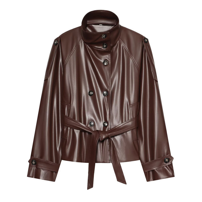 Women's Cropped Faux Leather Blouson with High Collar, Double Button Placket and Tie Belt Chichicherry