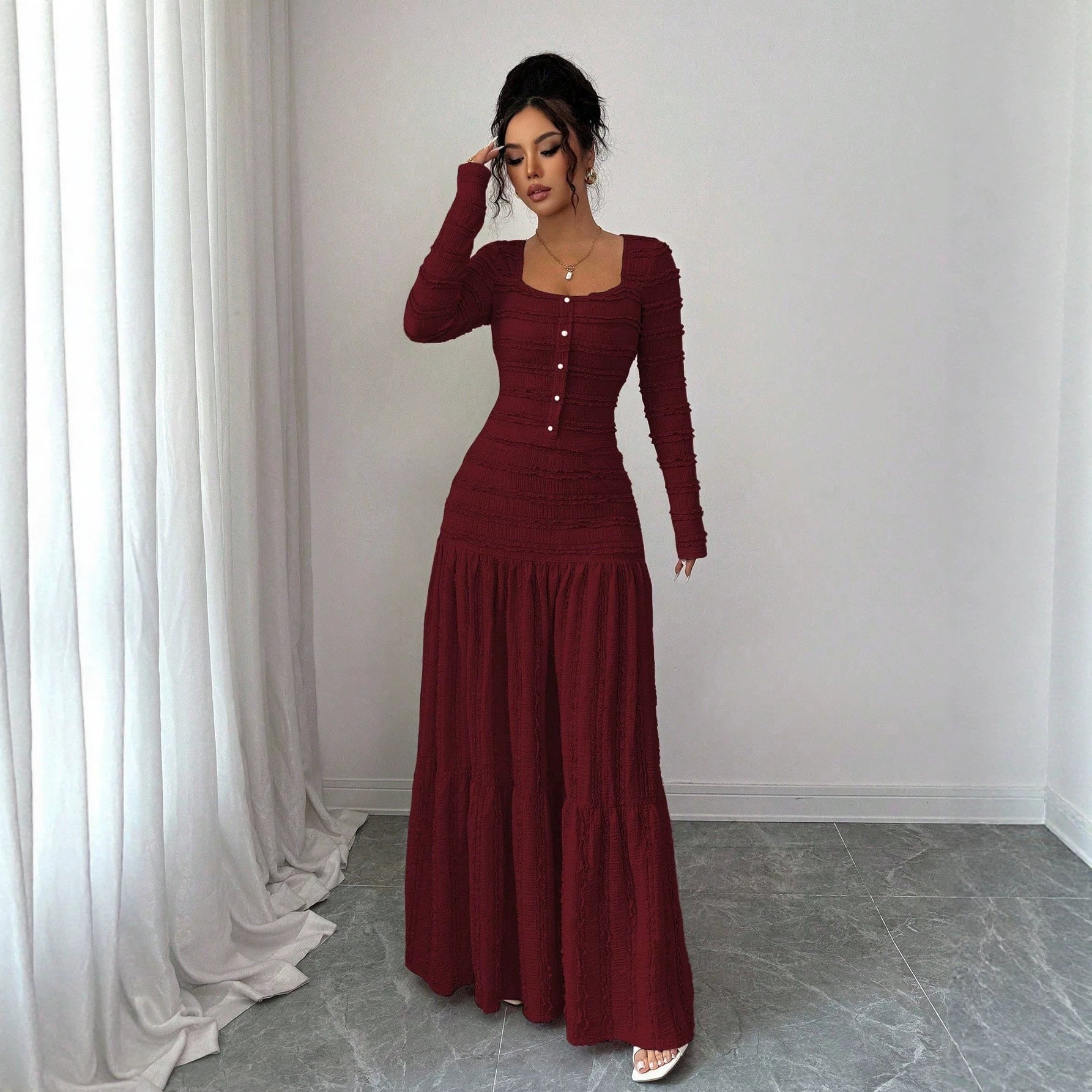 Women's Figure-Hugging Ruffle Maxi Dress with Square Neckline and Button Placket Chichicherry