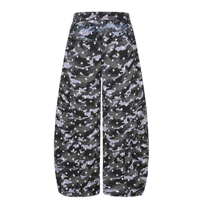 Women's casual palazzo pants in balloon cut with camouflage star print and adjustable hem drape