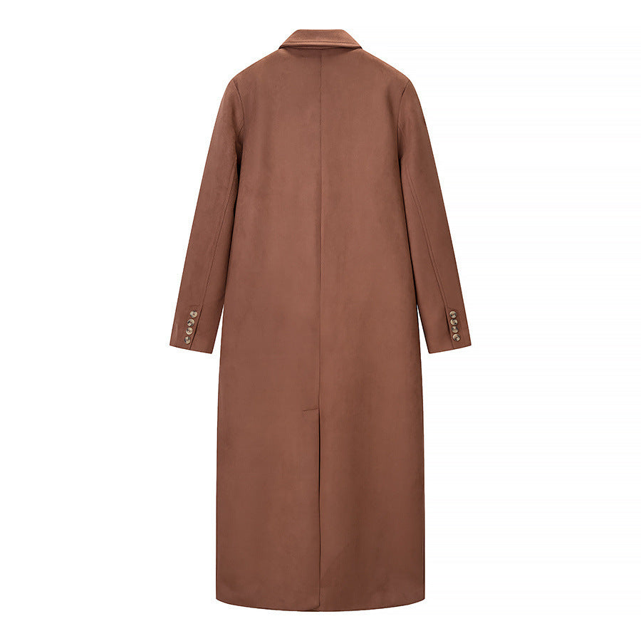 Women Double-breasted Wool-look Maxi Coat with Lapel Collar and Flap Pockets Chichicherry