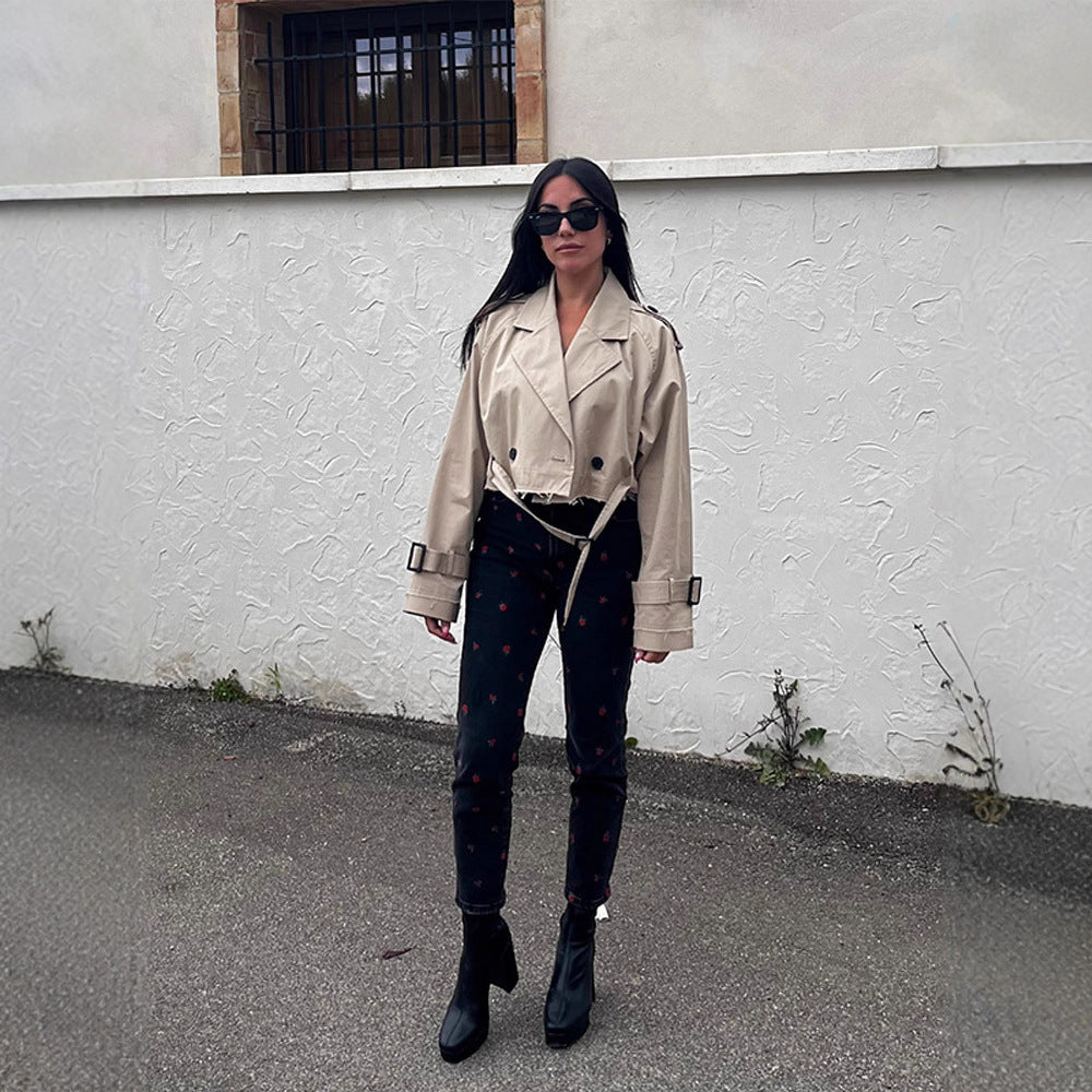 Women Short-Cut Trench-Cropped Coat with Waistbelt, Oversized Sleeves and Frayed Hem Chichicherry