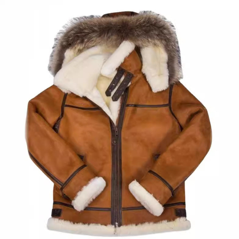 Men's shearling bomber jacket in aviator style with hood and contrasting leather trim Chichicherry