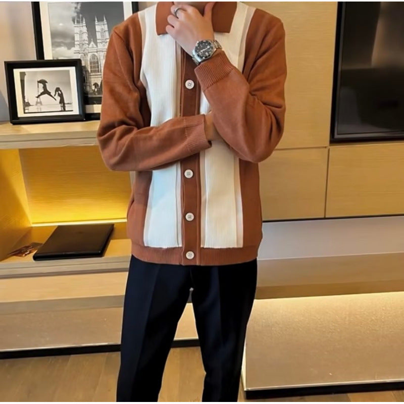 Damen Feinstrick-Cardigan mit Polokragen, kontrastierenden Rippeinsätzen und durchgehender Knopfleiste Chichicherry
