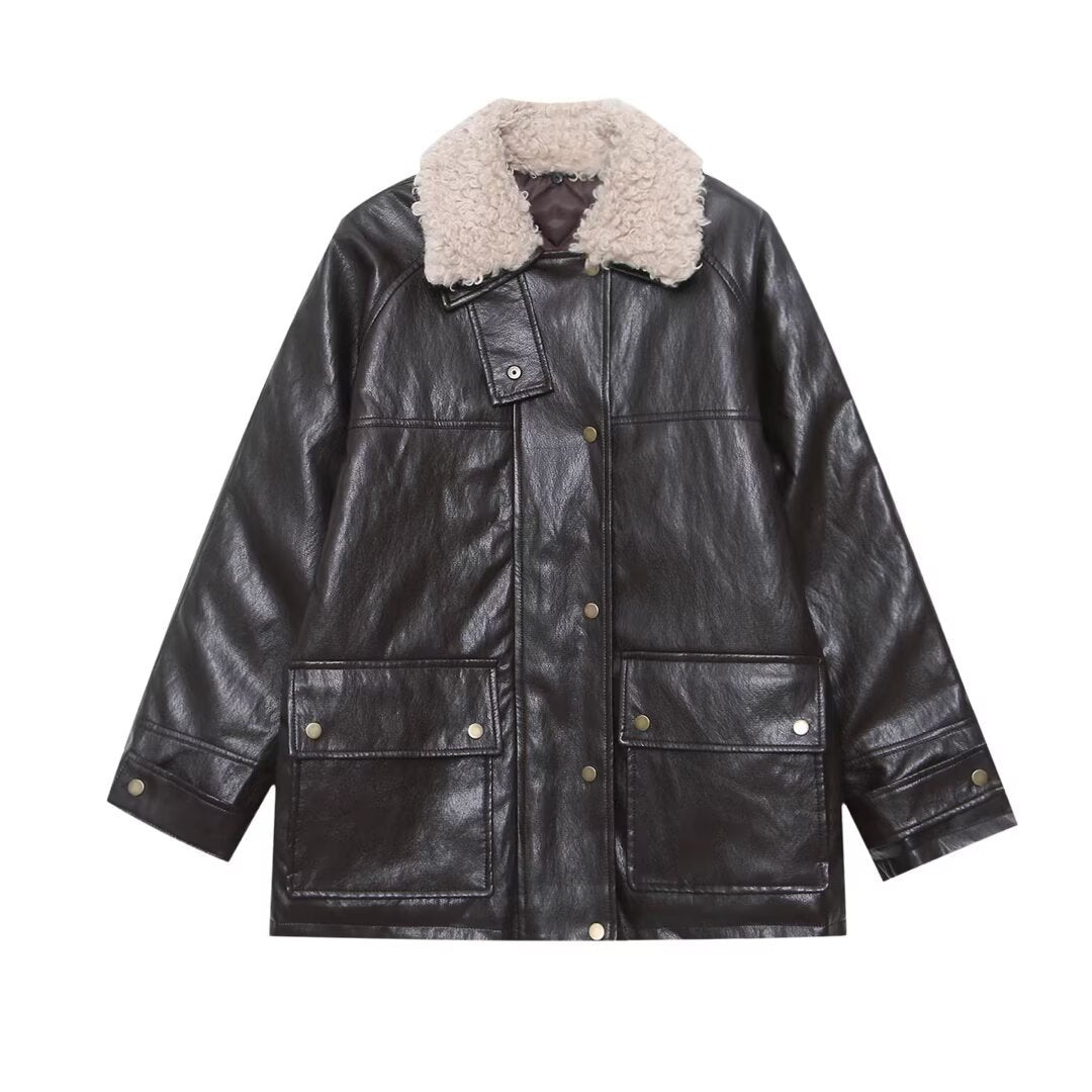 Women's Oversized Faux Leather Field Jacket with Detachable Teddy Collar and Flap Pockets Chichicherry