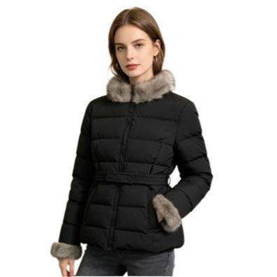 Women's short tailored winter quilted jacket with removable faux fur collar, tonal waist straps and concealed two-way zipper Chichicherry